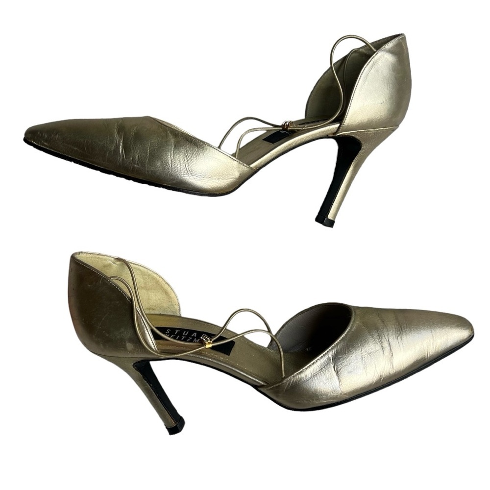 Stuart Weitzman Metallic Gold Leather Pointy Toe Pumps W/rhinestone SZ-8…